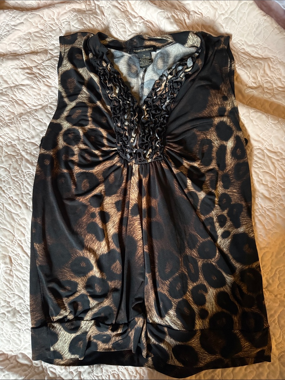 Susan Lawrence Black and Brown Leopard-Print Ruffled V-Neck Camisole